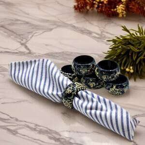Set of 6 Hand Painted Wooden Napkin Rings Russian Folk Art Gzhel Style Decor